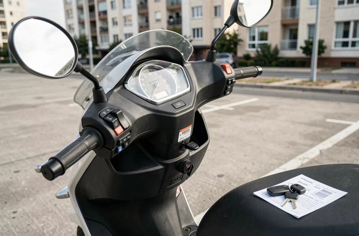 Gros plan sur le tableau de bord et les commandes d'un scooter 50cc neuf avec clés et étiquette de prix sur la selle