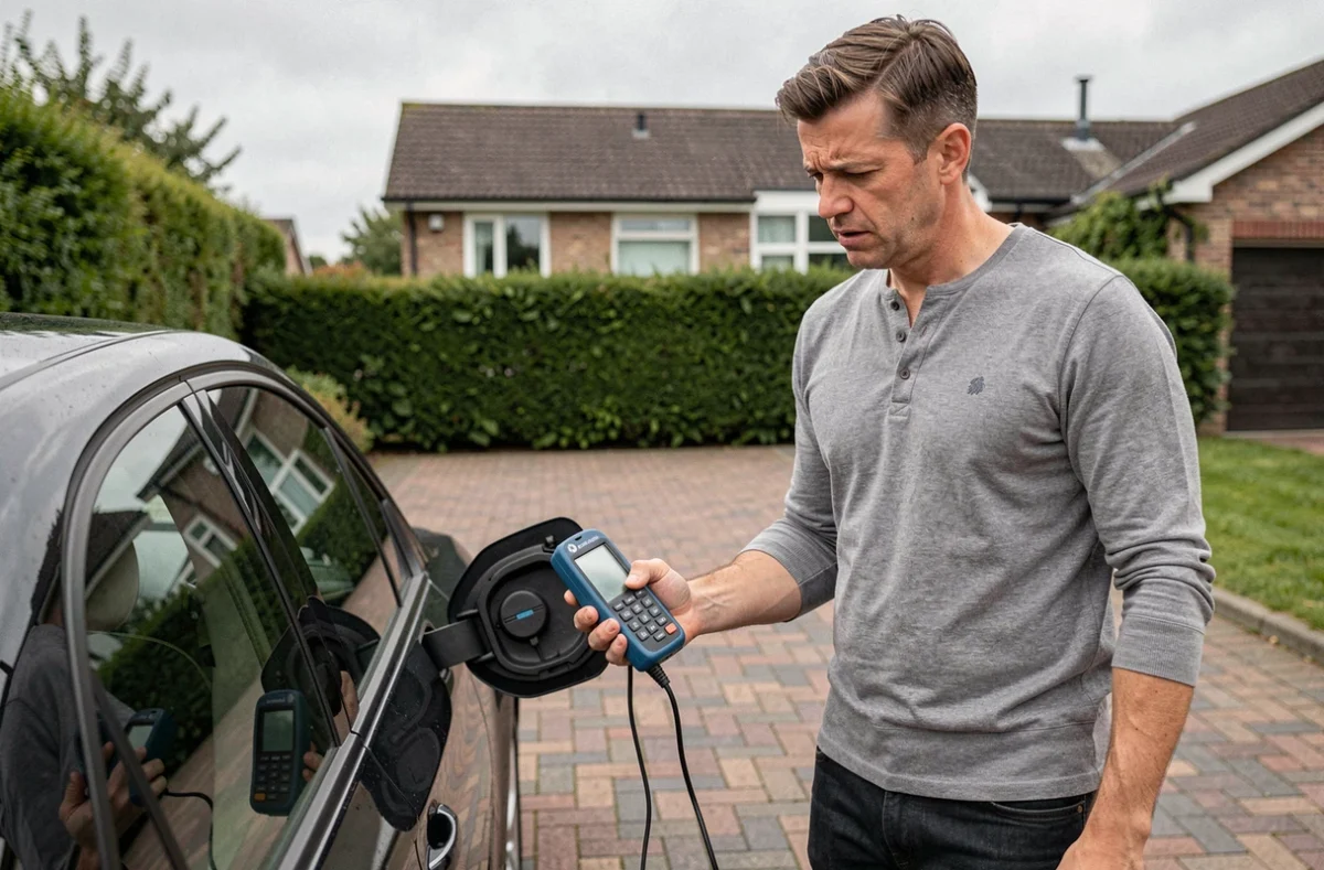 Propriétaire de BMW utilisant un scanner OBD2 pour diagnostiquer un voyant moteur après une vidange d'huile dans une allée résidentielle