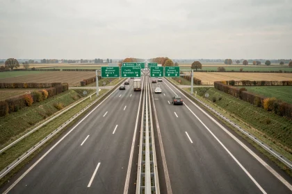 Vue aérienne d'un échangeur autoroutier français avec panneaux de signalisation verts et marquages au sol blancs