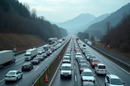 Embouteillage sur le contournement de Chambéry après un accident impliquant un usager de la route vulnérable, vue depuis un pont piéton