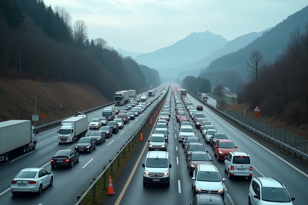 Embouteillage sur le contournement de Chambéry après un accident impliquant un usager de la route vulnérable, vue depuis un pont piéton