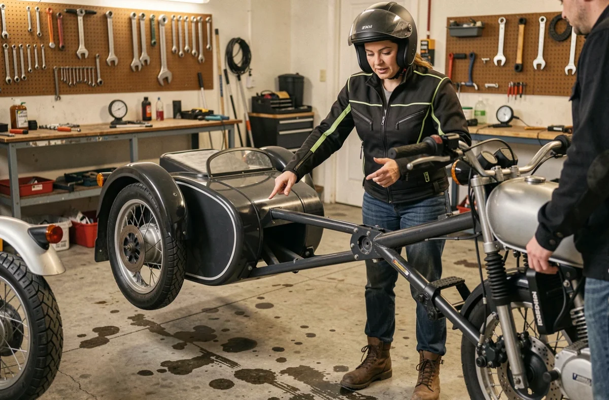 Instructrice de conduite expliquant les erreurs de fixation d'un side-car dans un atelier mécanique