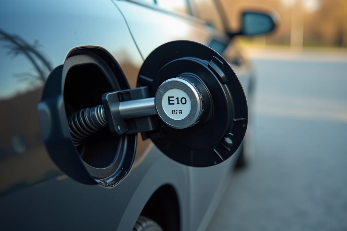 Étiquette de compatibilité carburant E10 et B7 sur la trappe à carburant d'une voiture moderne