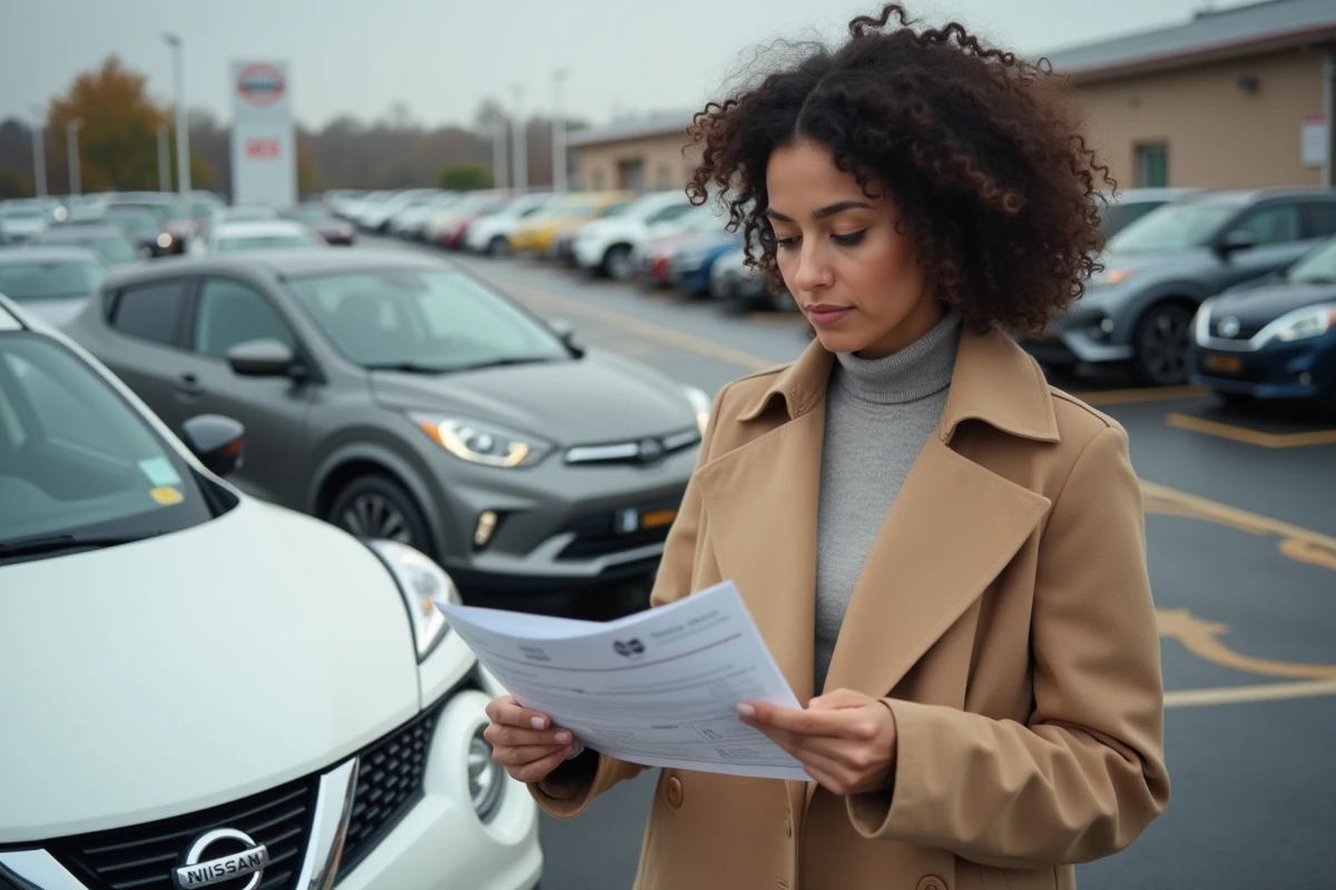 Femme consultant l'historique d'un Nissan Juke blanc dans un parc de voitures d'occasion