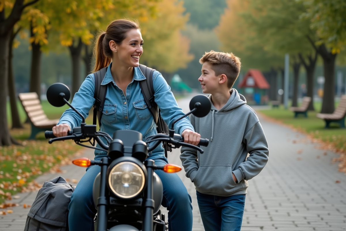 Femme et adolescent chargent la moto en ville
