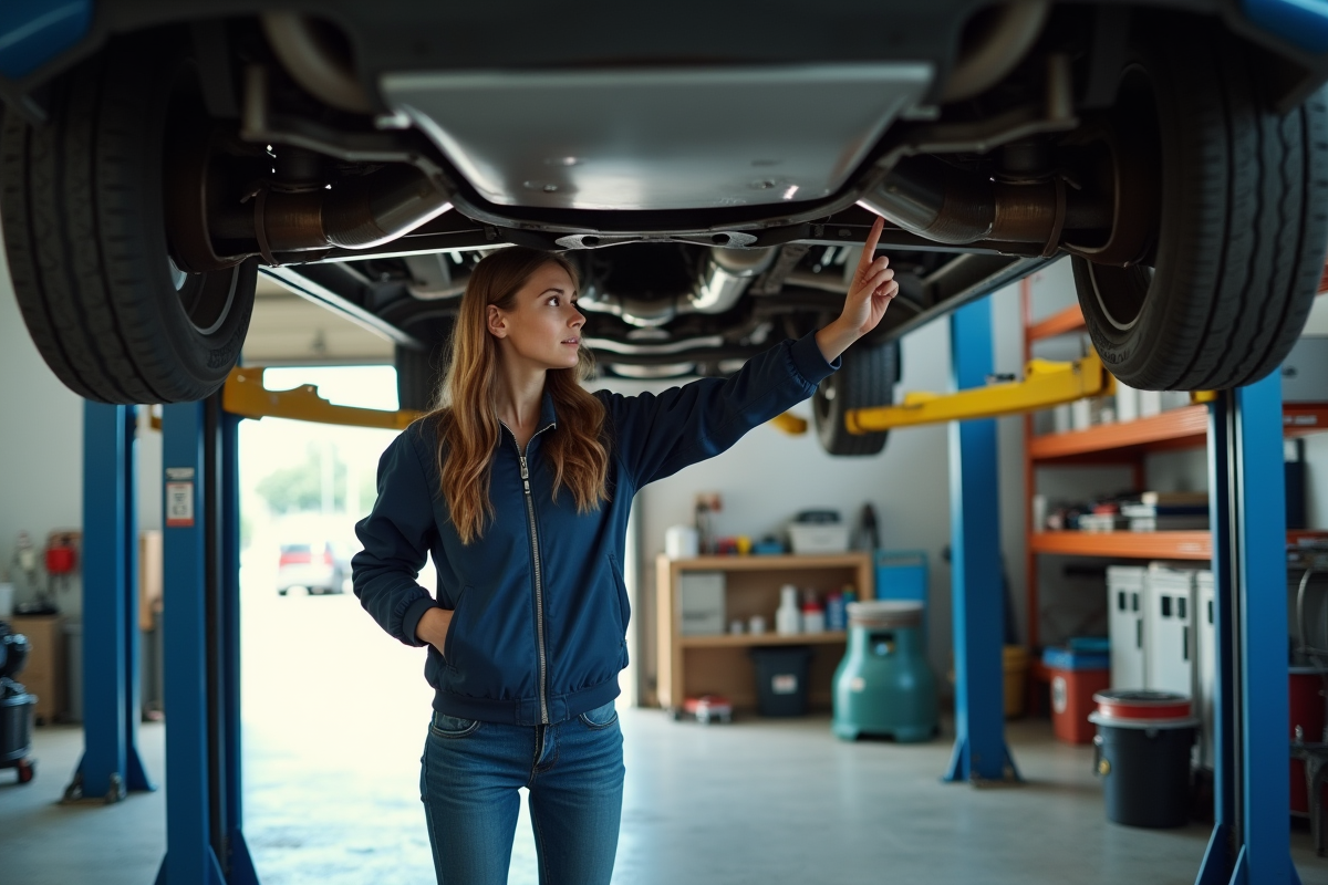 Jeune femme inspectant un trou d échappement sous une voiture