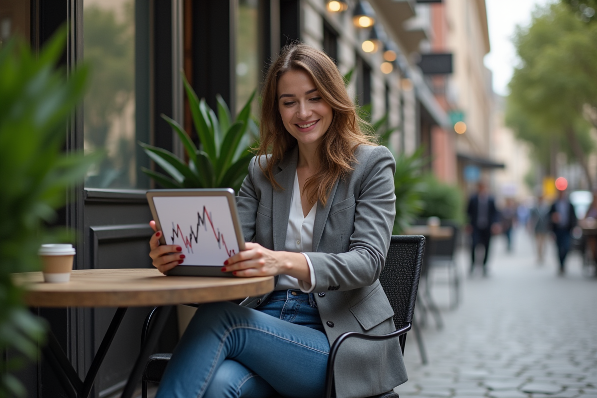 Jeune femme souriante avec tablette dans un café urbain
