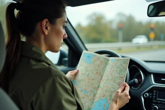 Femme consultant une carte routière des autoroutes de France assise dans sa voiture à une aire de repos