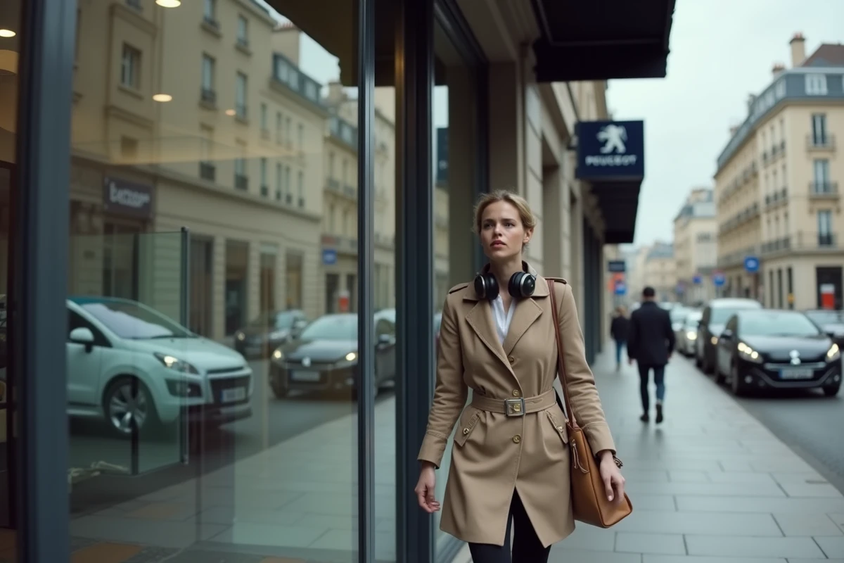 Femme passant devant une concession Peugeot en fredonnant une mélodie de publicité dans la rue