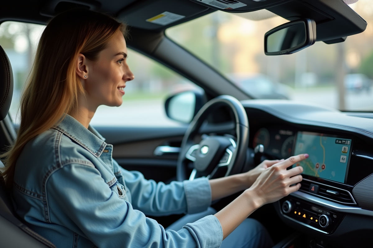 Femme au volant utilisant le GPS dans une voiture moderne