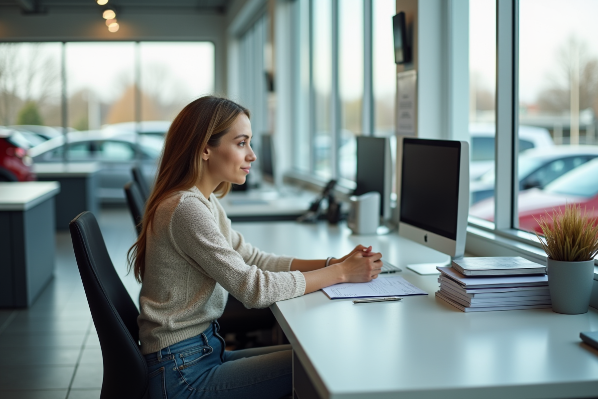 Jeune femme assise au bureau d’un concessionnaire auto