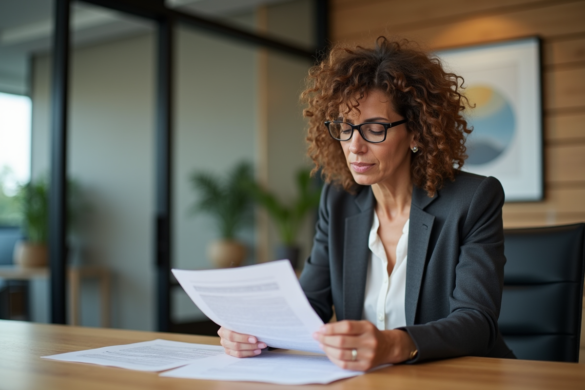 Femme d'âge moyen lisant un contrat d'assurance au bureau