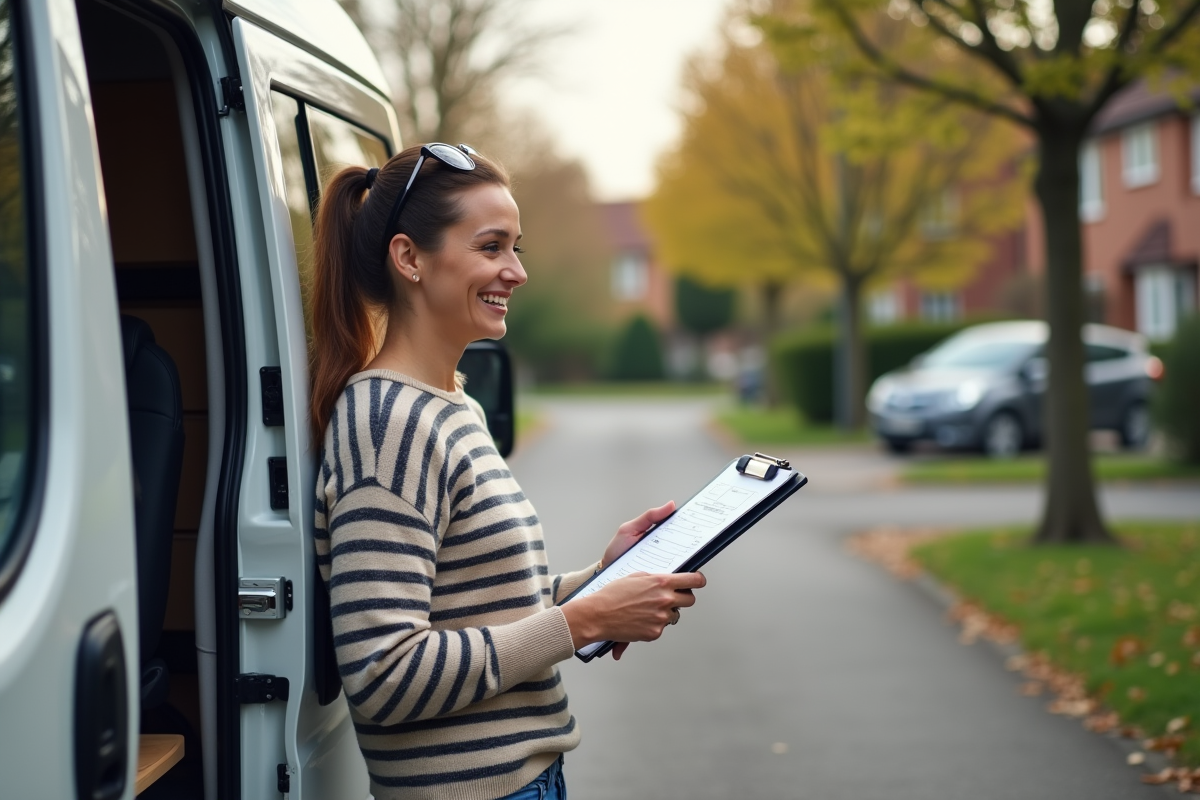 Femme souriante vérifiant un document à côté du campervan