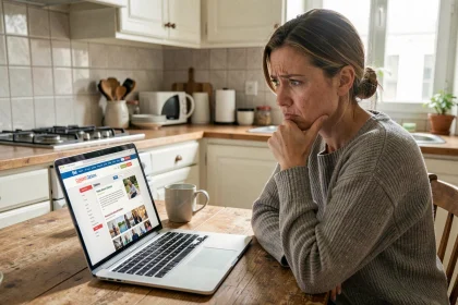 Femme inquiète devant son ordinateur consultant une annonce suspecte sur Leboncoin