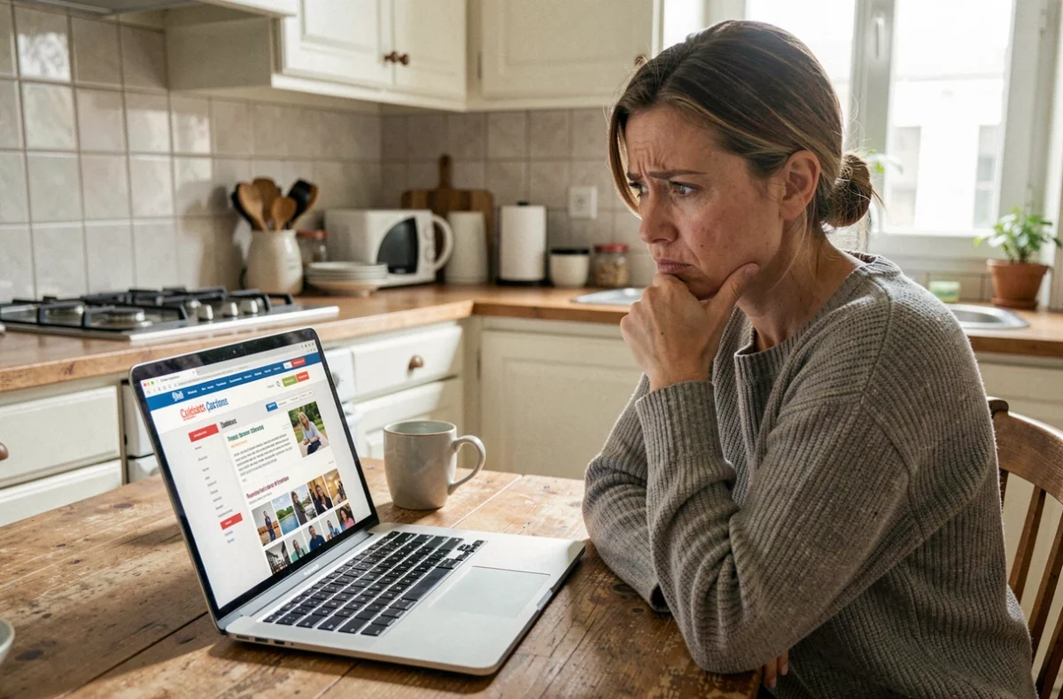 Femme inquiète devant son ordinateur consultant une annonce suspecte sur Leboncoin