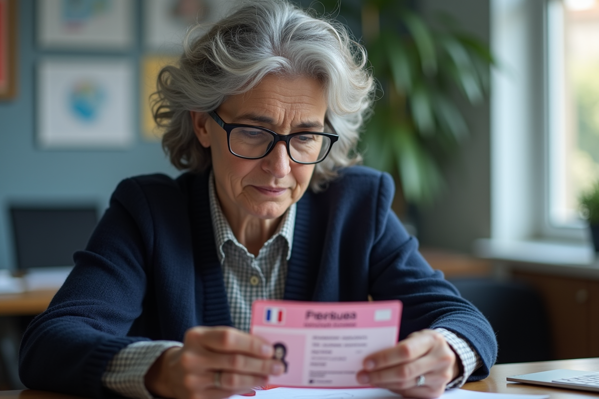 Femme d'âge moyen examinant son permis de conduire français