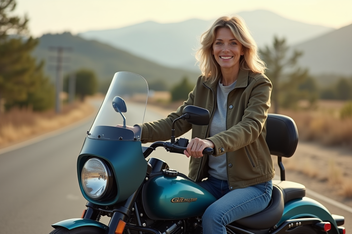 Femme à moto avec siège ergonomique et soutien dorsal