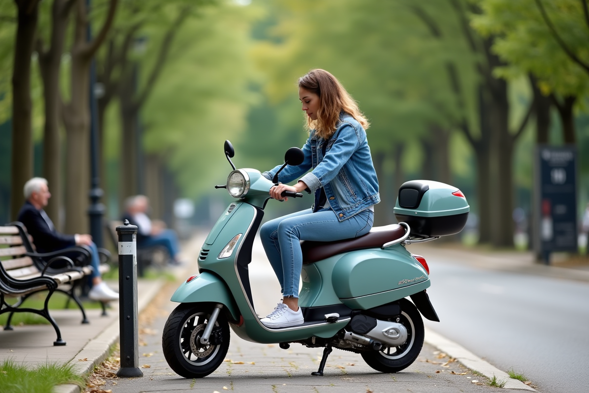 Femme en jean sécurise son scooter près d un parc urbain