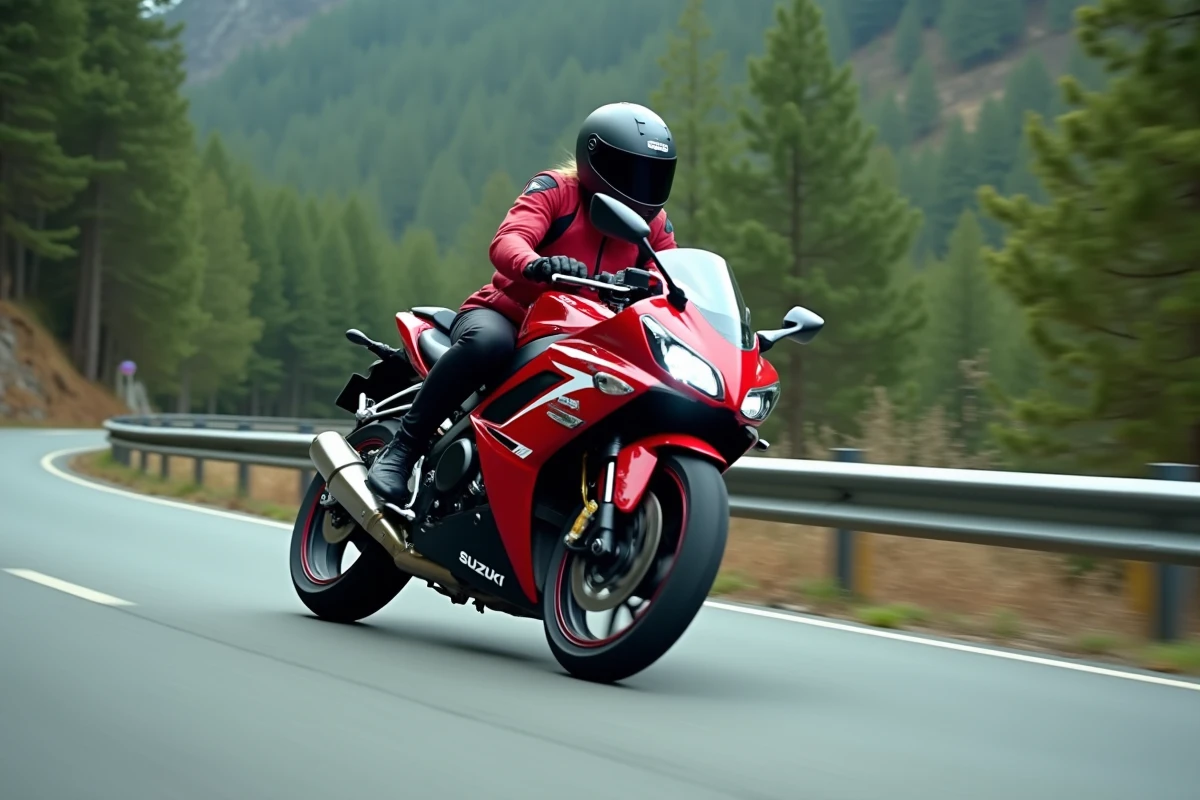 Pilote femme en veste rouge en train de prendre un virage sur une Suzuki GSX 600 R en montagne