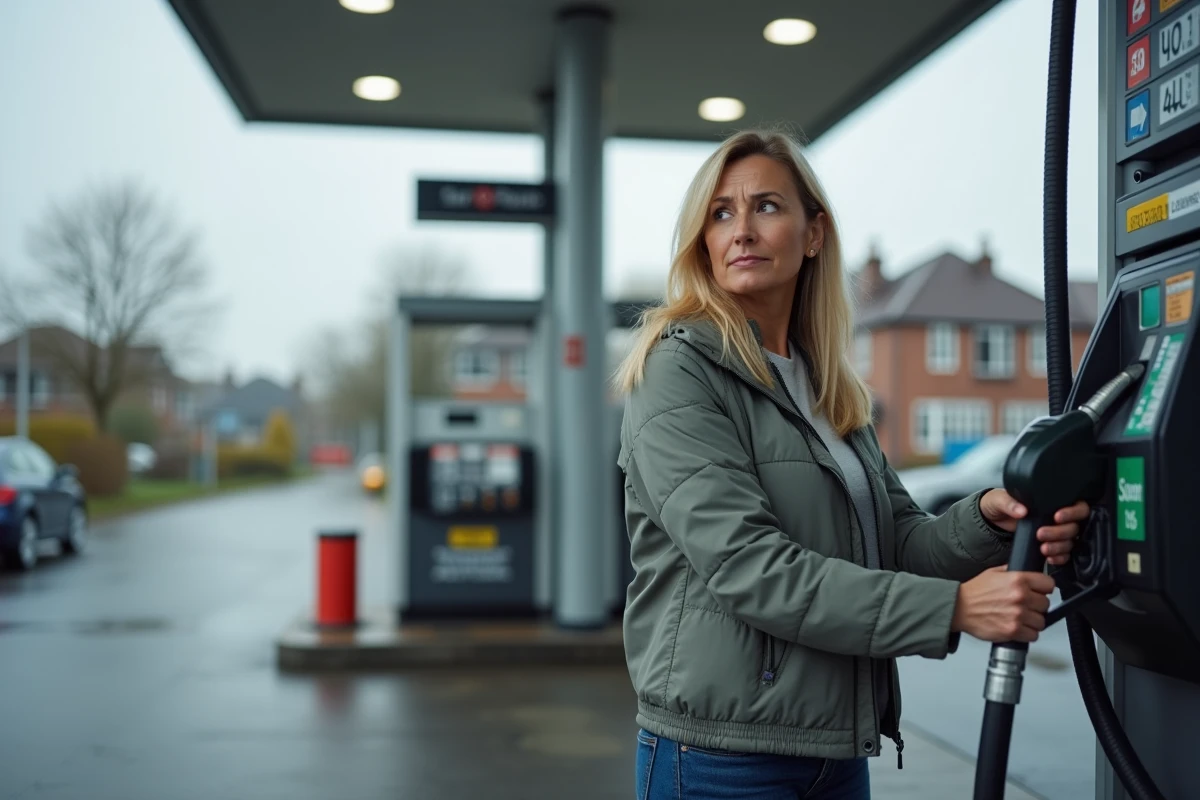 Femme lisant les étiquettes de carburant à la pompe, choix entre SP95, E10 et B7 diesel