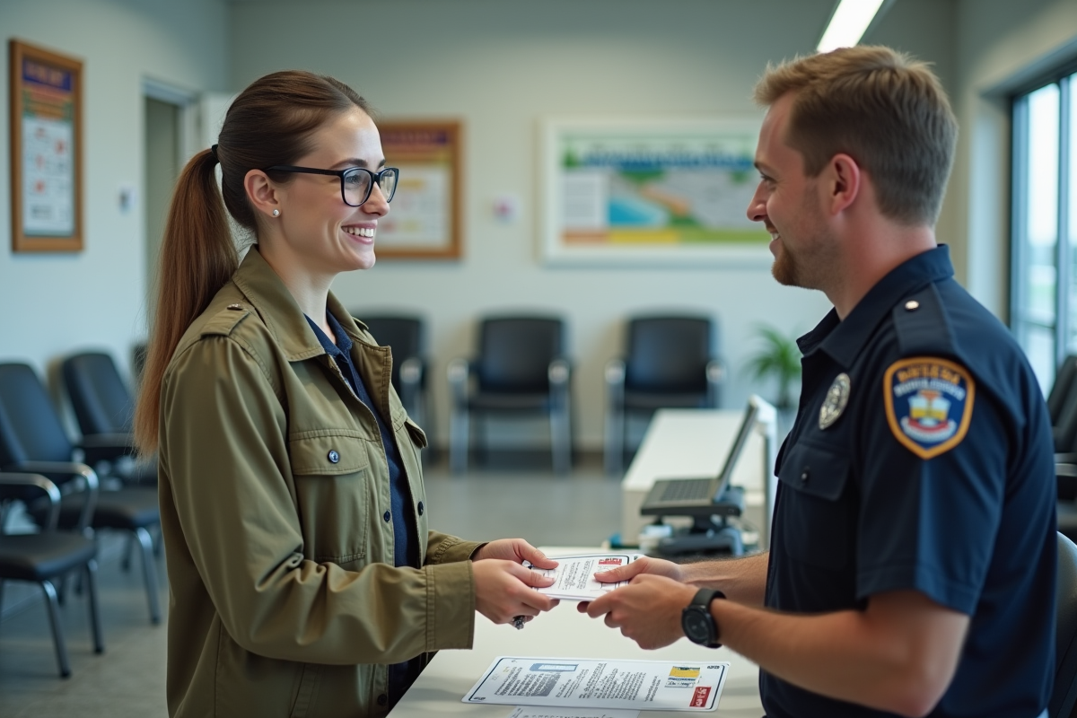 Femme remettant anciennes plaques à un agent dans un bureau