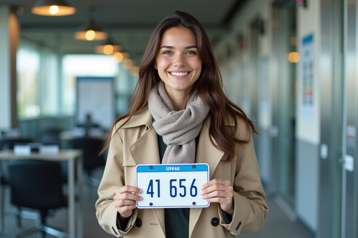 Jeune femme souriante avec plaque d