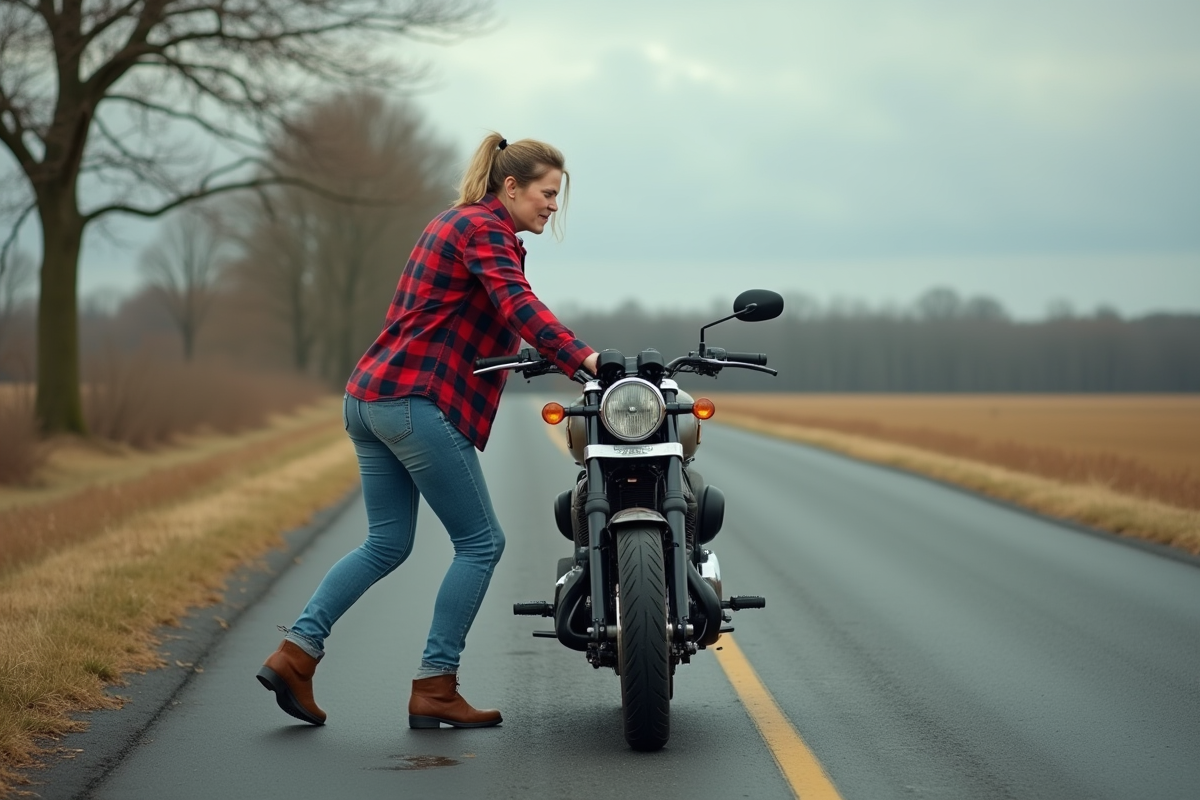 Femme pousse une moto en panne sur une route rurale