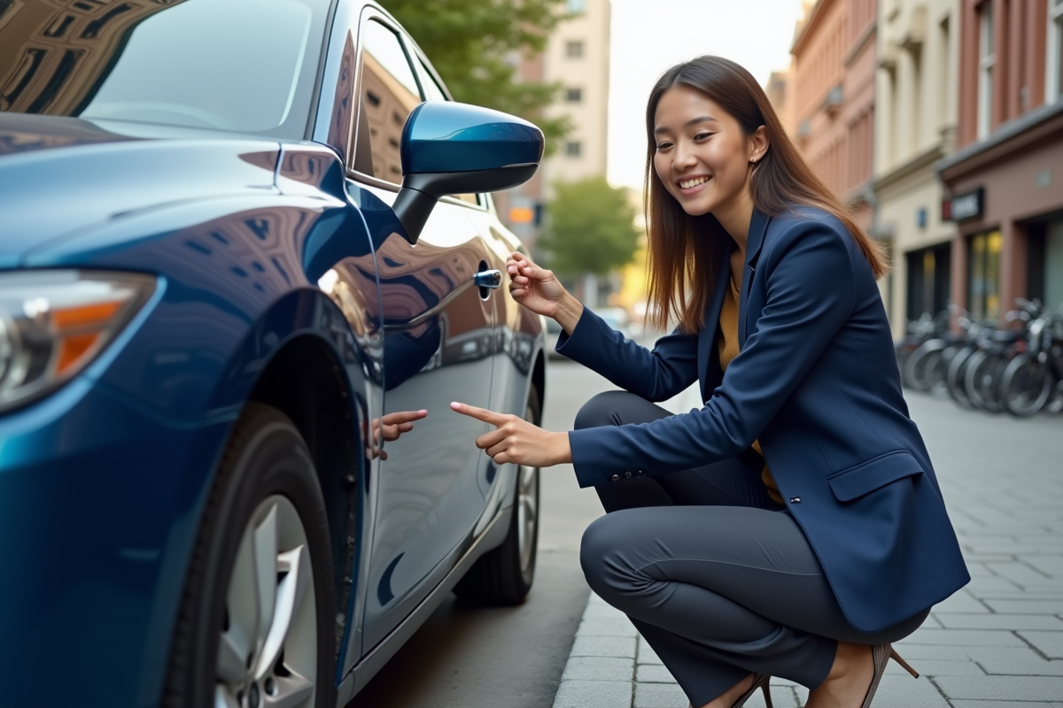 Femme pointant un scratch sur une voiture bleue en ville