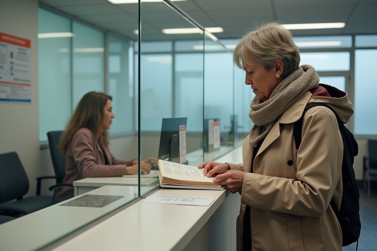 Femme remettant dossier à un agent dans un bureau administratif