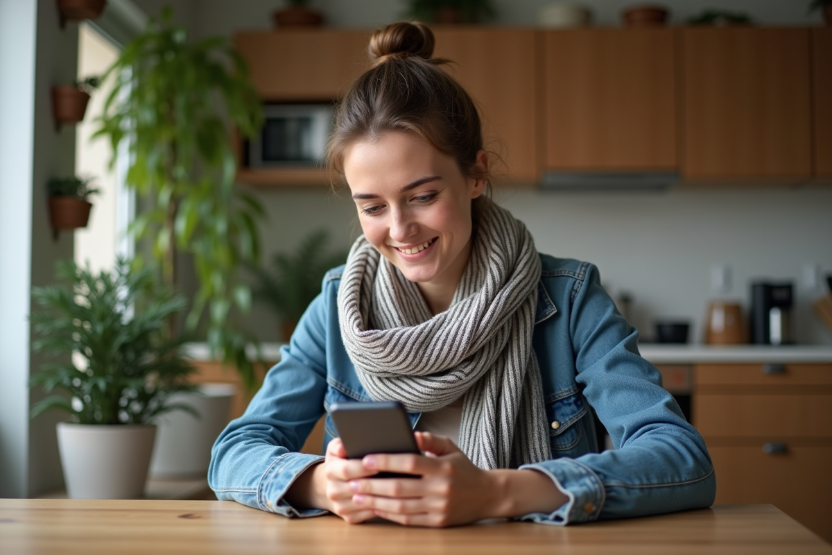 Femme souriante utilisant son smartphone dans un appartement cosy