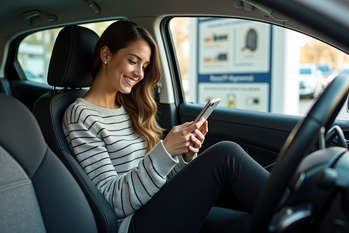 Jeune femme souriante dans une voiture compacte en concession