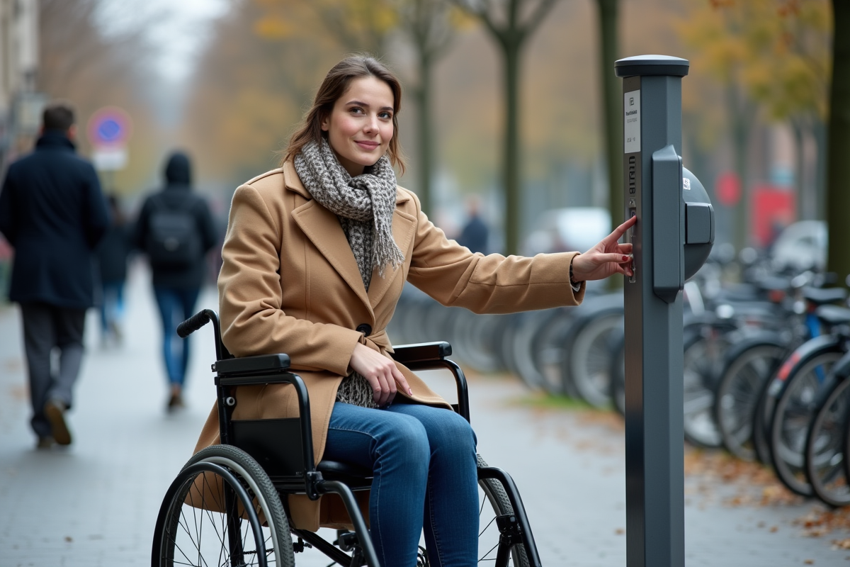 Jeune femme en fauteuil utilisant un terminal de stationnement urbain