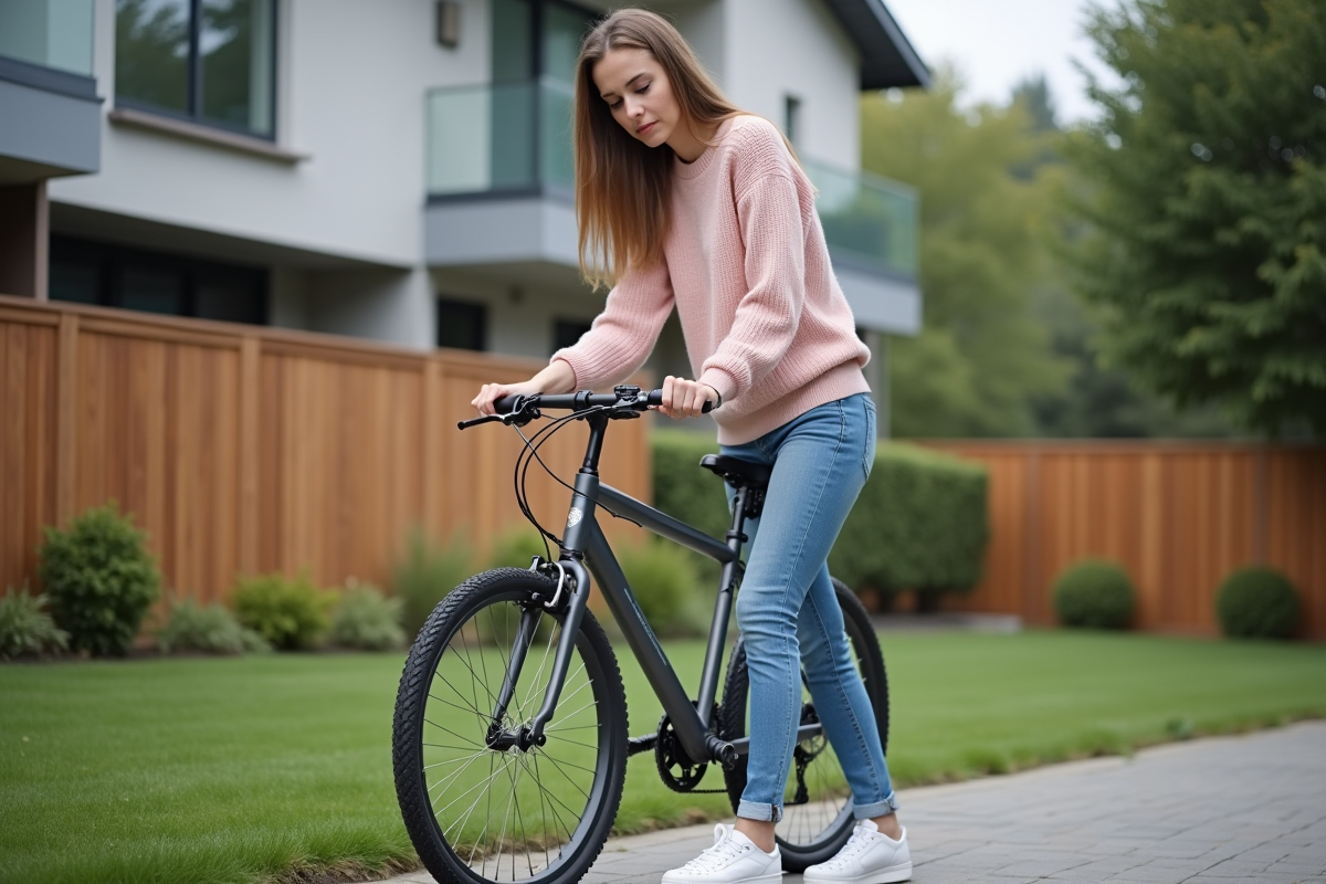 Jeune femme avec vélo dans un quartier résidentiel