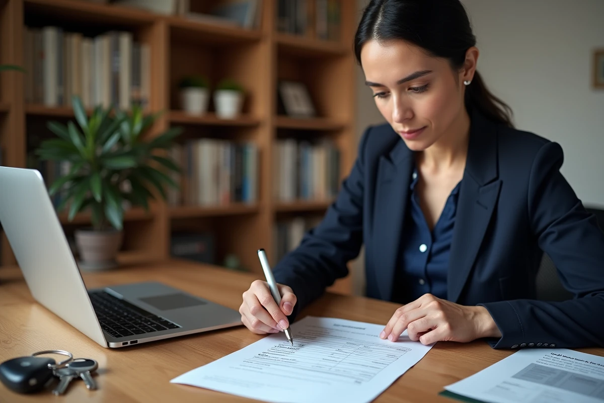 Femme consultant un document PDF de vérification de véhicule pour le permis de conduire à son bureau