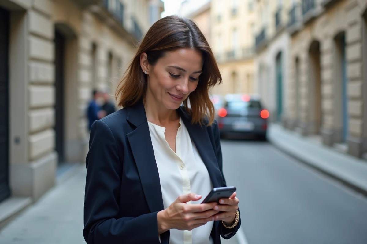 Femme vérifiant ses points de permis de conduire sur smartphone dans une rue française