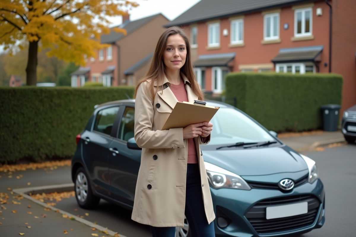 Jeune femme avec trench coat vérifie ses papiers d