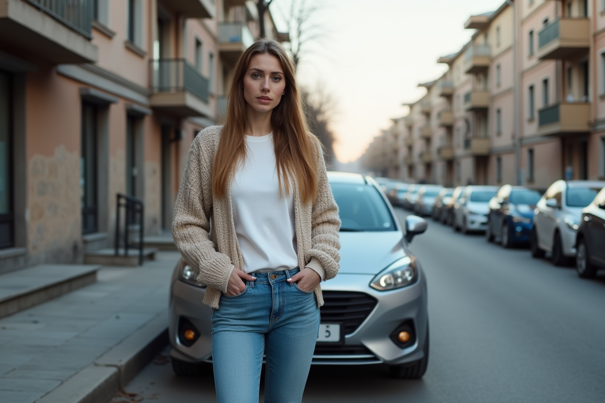 Jeune femme examinant sa voiture endommagée en ville
