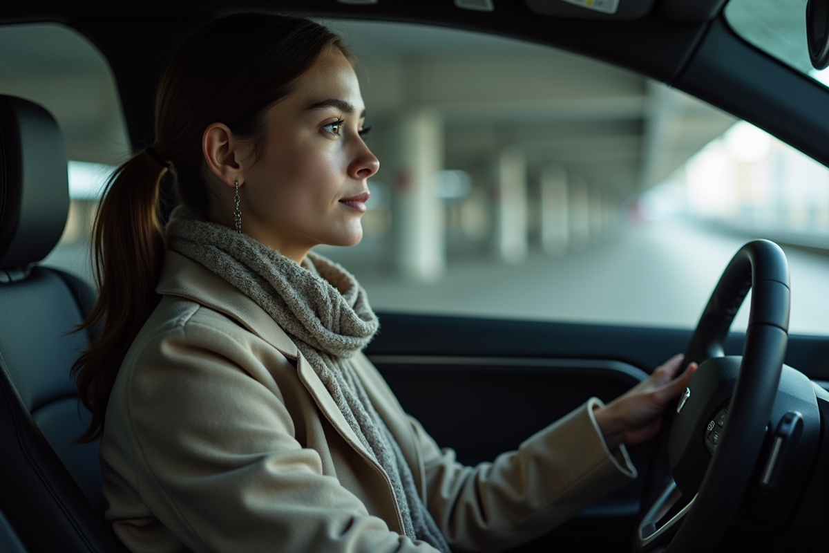 Jeune femme dans une voiture électrique regardant par la fenêtre