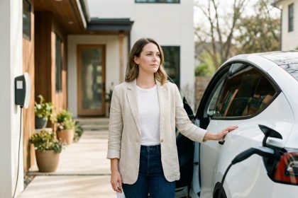 Femme debout à côté d'une voiture électrique blanche branchée à une borne de recharge résidentielle