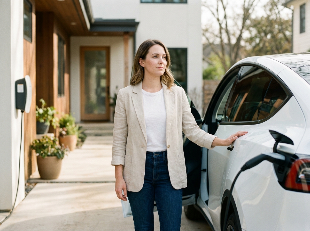 Femme debout à côté d'une voiture électrique blanche branchée à une borne de recharge résidentielle