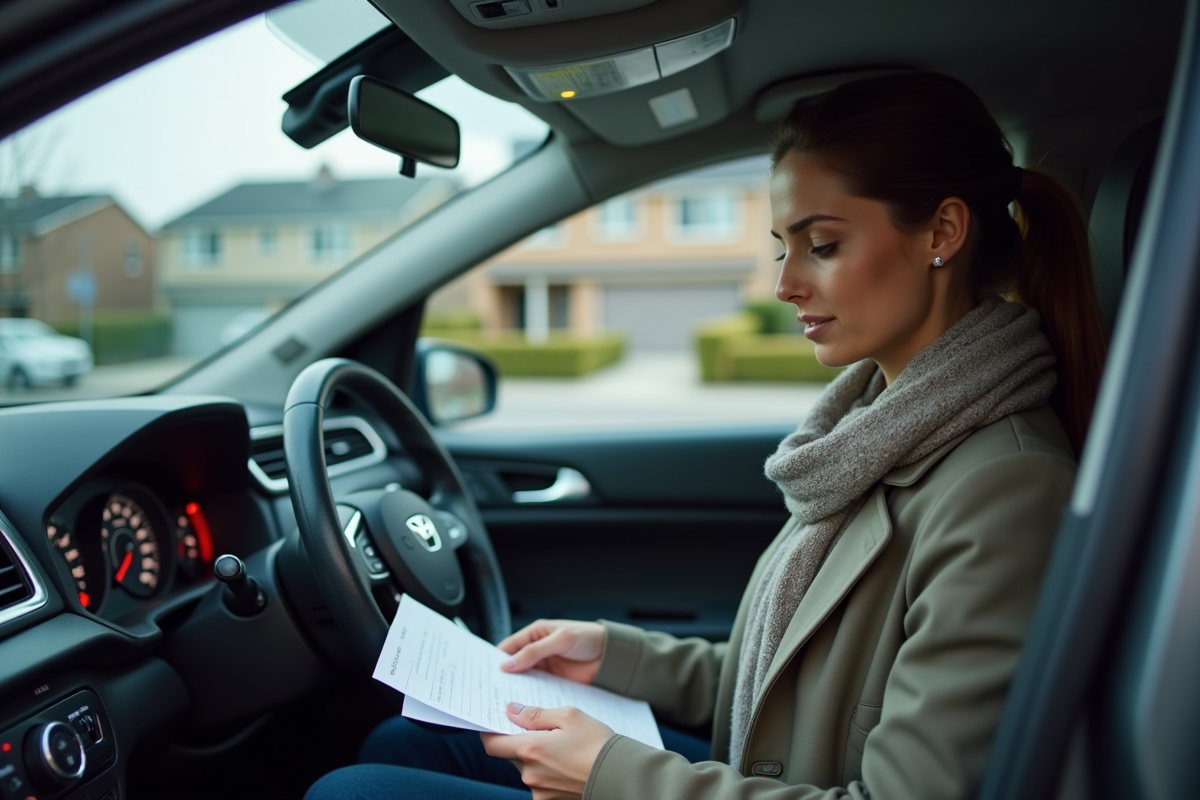 Femme assise dans la voiture regarde le tableau de bord
