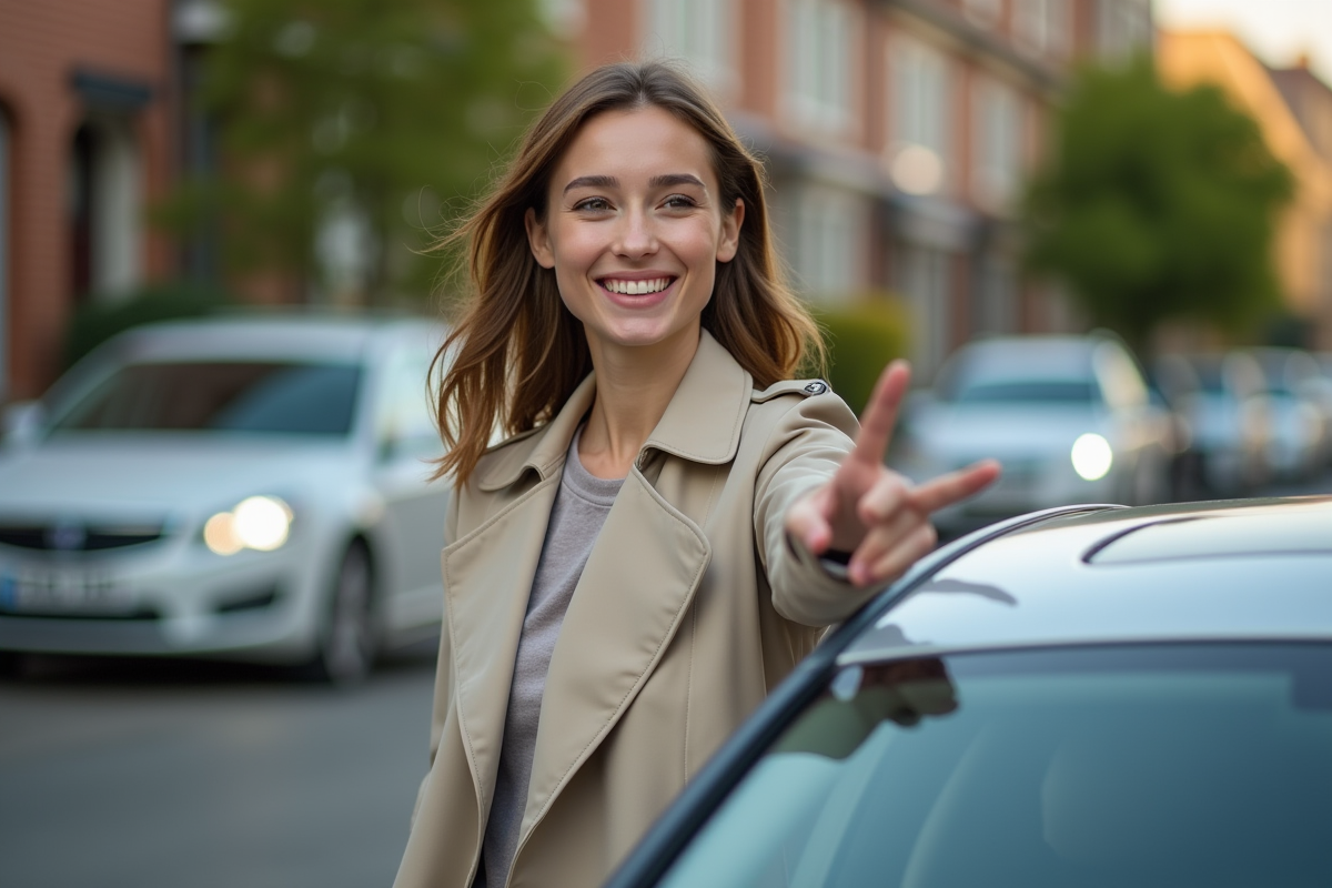 Jeune femme pointant le capteur de phare sur sa voiture