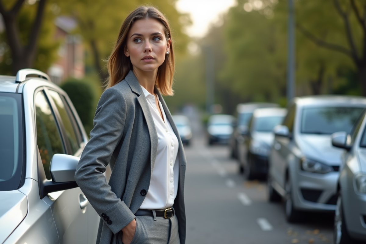 Jeune femme examinant une porte de voiture endommagée