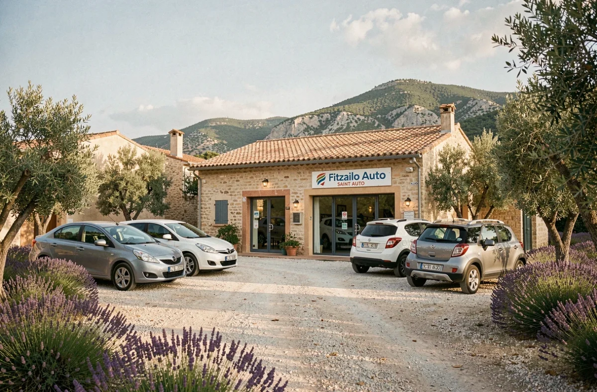 Petite concession Fitzailo Auto à Saint-Cannat avec des véhicules d'occasion garés devant un bâtiment provençal entouré d'oliviers