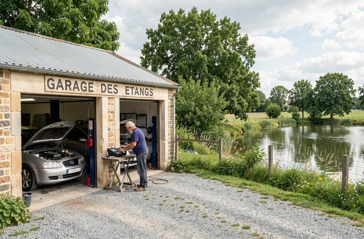 Le Garage des Etangs en milieu rural français, avec ses ateliers ouverts sur un paysage d'étangs et de verdure, un mécanicien expérimenté diagnostiquant un véhicule