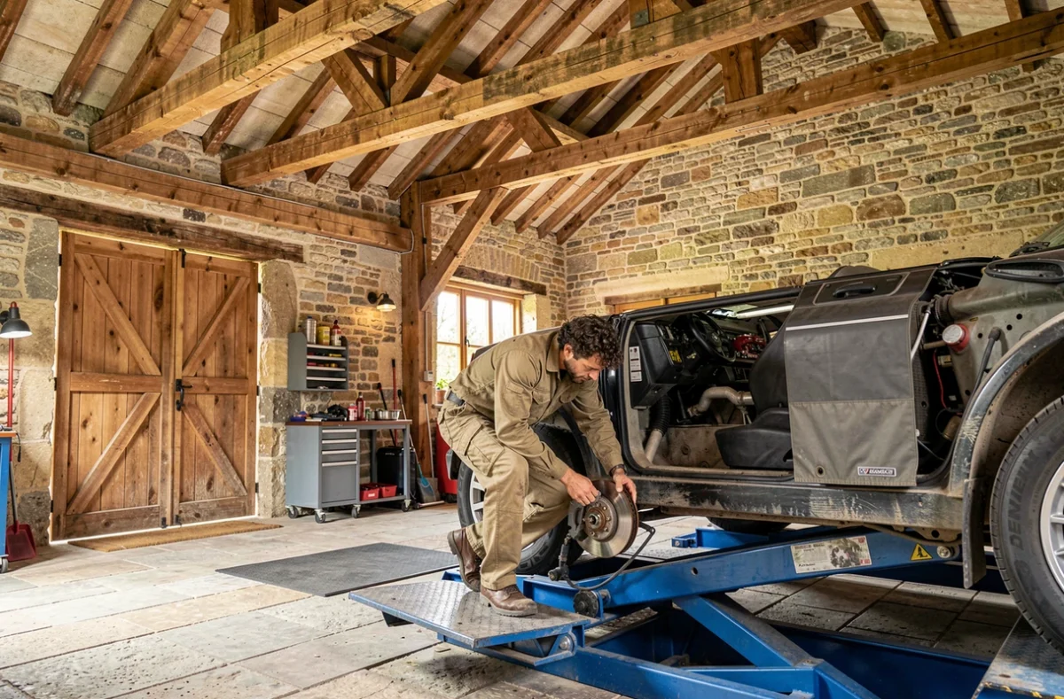 Mécanicien du Garage des Granges réalisant une vidange sous un véhicule dans un atelier aménagé dans une ancienne grange en pierre caractéristique de la campagne