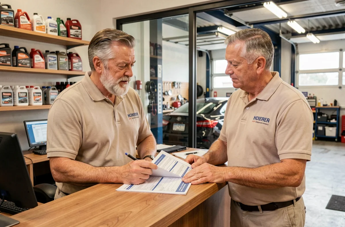 Propriétaire du Garage Donadille conseillant un client à l'accueil d'un garage indépendant bien entretenu