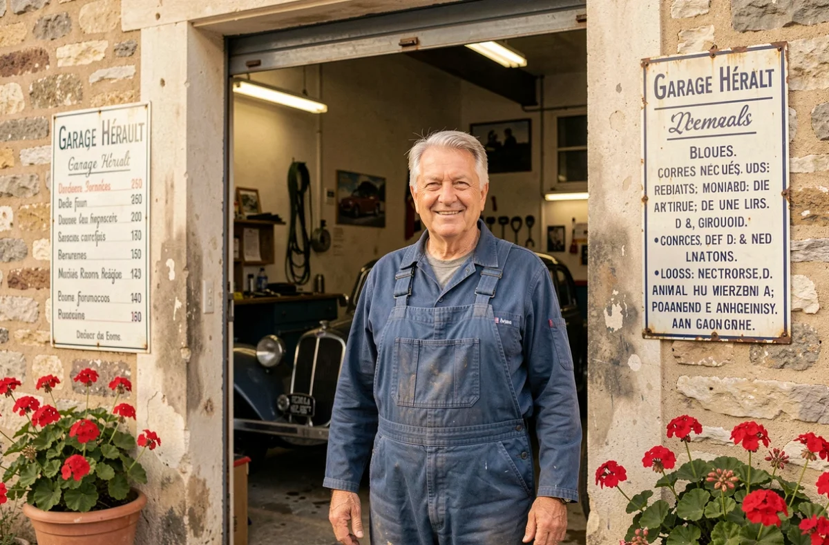 Le propriétaire senior du Garage Hérault, en bleu de travail traditionnel, devant l'entrée de son garage familial avec une voiture ancienne visible en arrière-plan