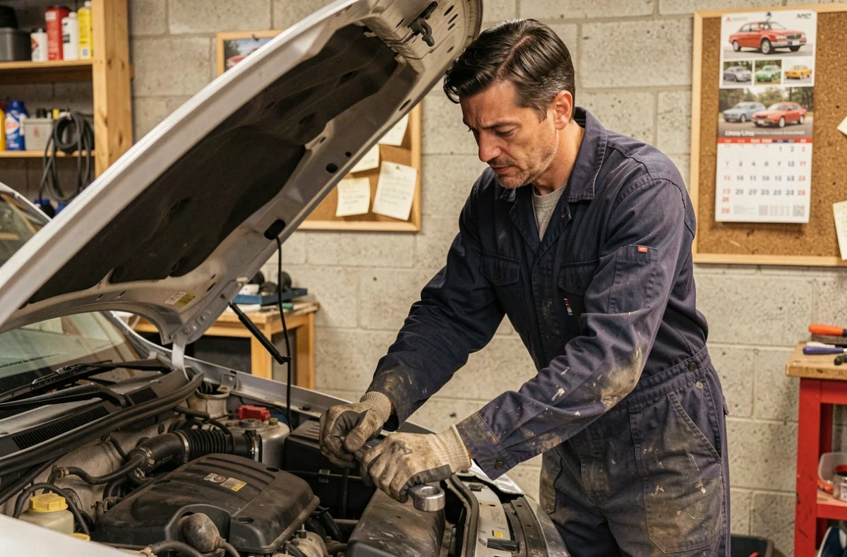 Mécanicien du Garage Jimenez travaillant sur le moteur d'une voiture familiale dans un atelier indépendant