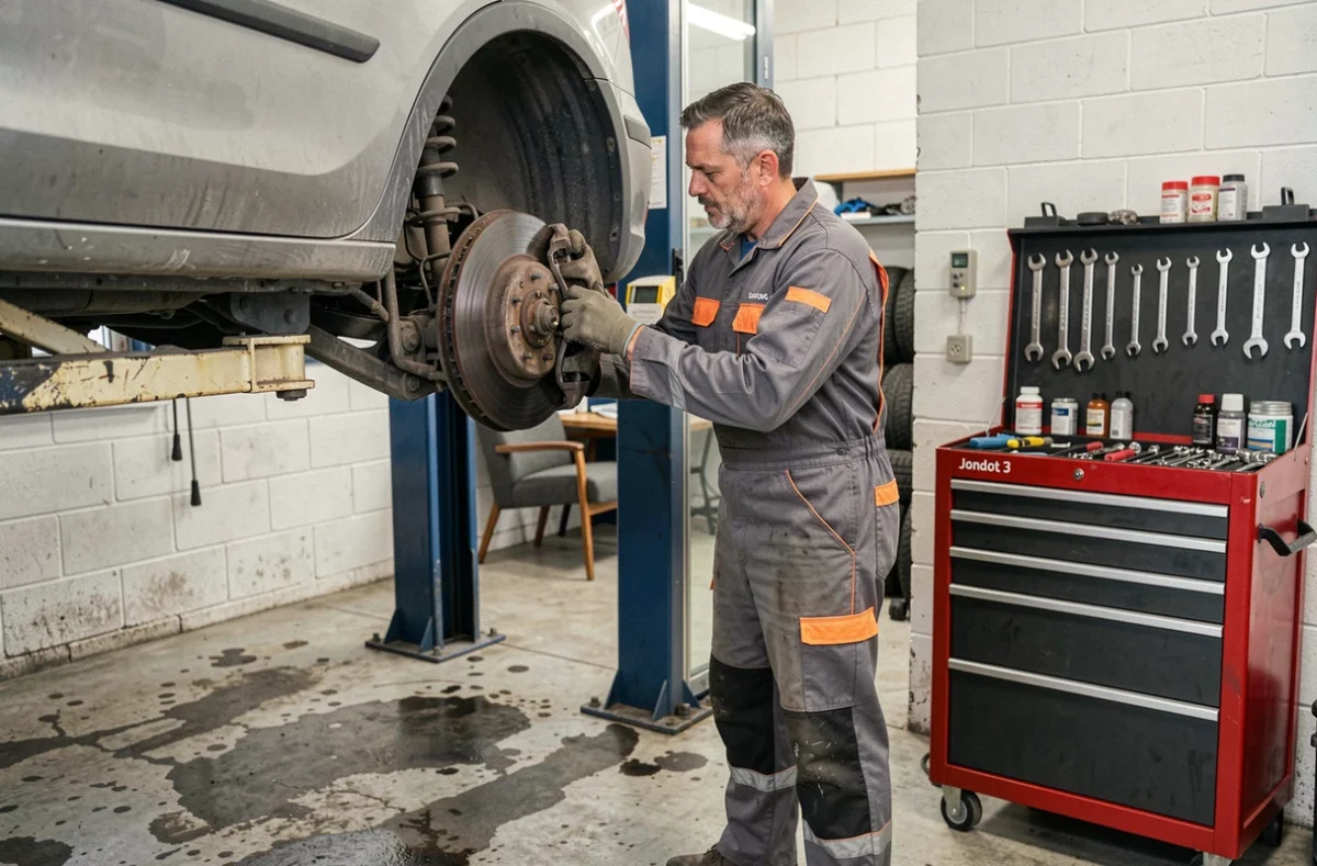 Mécanicien du Garage Jondot 3J effectuant une inspection des freins sur un véhicule surélevé, outils organisés sur chariot dans un atelier indépendant